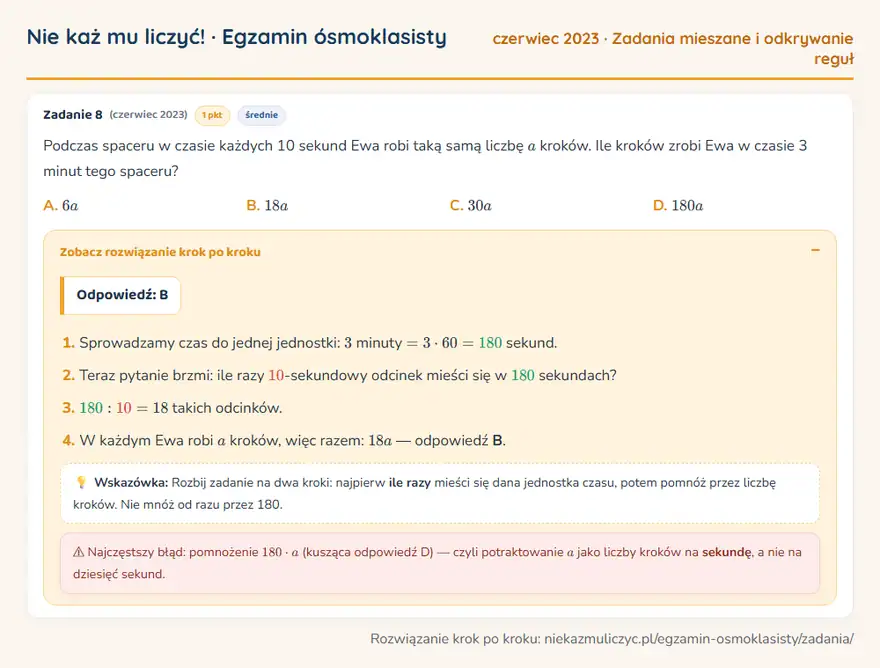 Rozwiązanie zadania – E8 (czerwiec 2023) — zadania mieszane i odkrywanie reguł: Podczas spaceru w czasie każdych 10 sekund Ewa robi taką samą liczbę a kroków. Ile kroków zrobi Ewa…