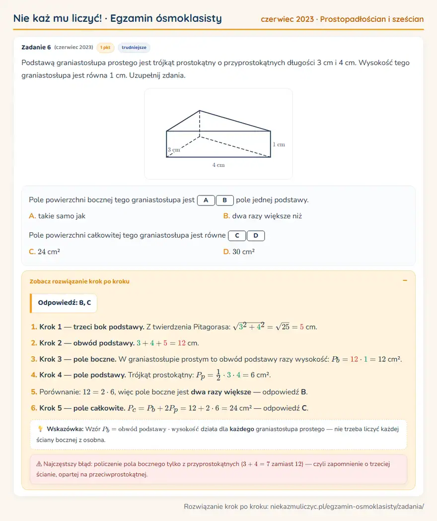 Rozwiązanie zadania – E8 (czerwiec 2023) — prostopadłościan i sześcian: Podstawą graniastosłupa prostego jest trójkąt prostokątny o przyprostokątnych długości 3 cm i 4 cm…