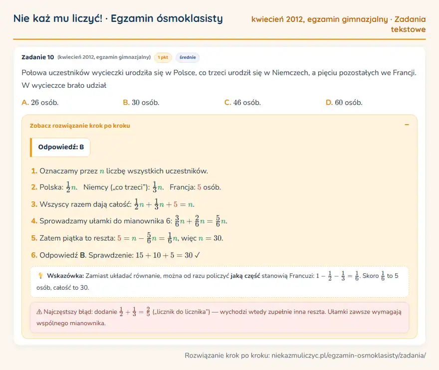 Rozwiązanie zadania – egzamin gimnazjalny (kwiecień 2012) — zadania tekstowe: Połowa uczestników wycieczki urodziła się w Polsce, co trzeci urodził się w Niemczech, a pięciu…