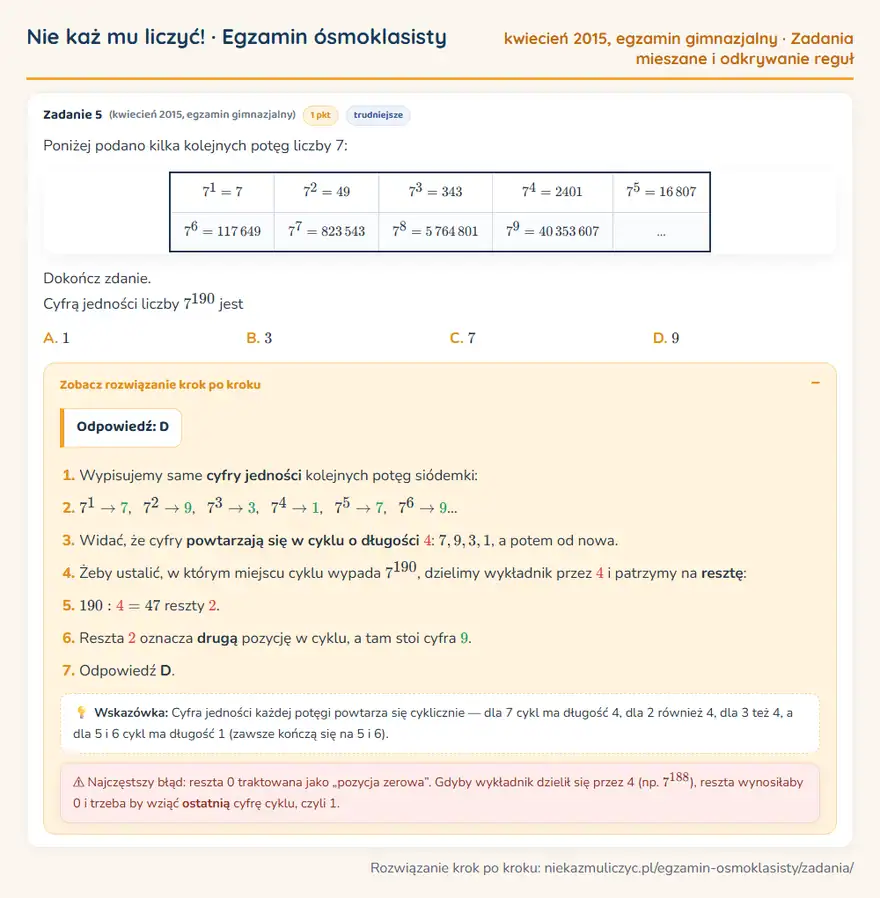 Rozwiązanie zadania – egzamin gimnazjalny (kwiecień 2015) — zadania mieszane i odkrywanie reguł: Poniżej podano kilka kolejnych potęg liczby 7: 7¹ = 7 7² = 49 7³ = 343 7⁴ = 2401 7⁵ = 16 807 7⁶ =…