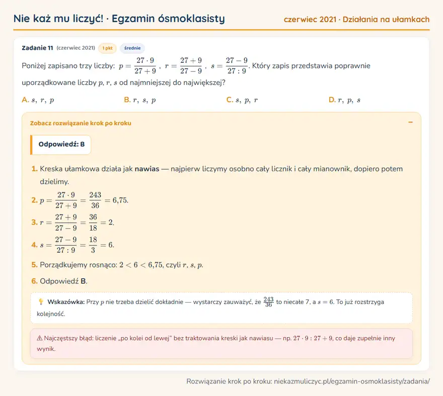 Rozwiązanie zadania – E8 (czerwiec 2021) — działania na ułamkach: Poniżej zapisano trzy liczby: p = 27 · 9/27 + 9, r = 27 + 9/27 - 9, s = 27 - 9/27: 9. Który zapis…