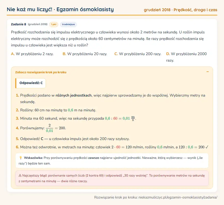 Rozwiązanie zadania – E8 (grudzień 2018) — prędkość, droga i czas: Prędkość rozchodzenia się impulsu elektrycznego u człowieka wynosi około 2 metrów na sekundę. U…
