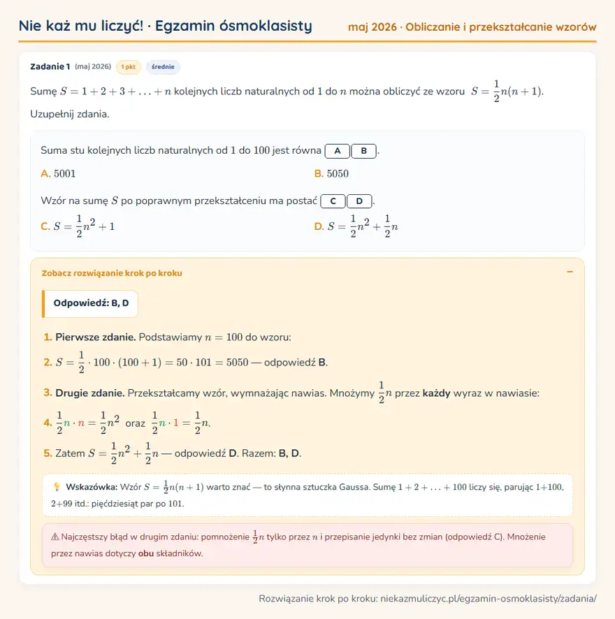 Rozwiązanie zadania – E8 (maj 2026) — obliczanie i przekształcanie wzorów: Sumę S = 1 + 2 + 3 + + n kolejnych liczb naturalnych od 1 do n można obliczyć ze wzoru S = 1/2n(n +…