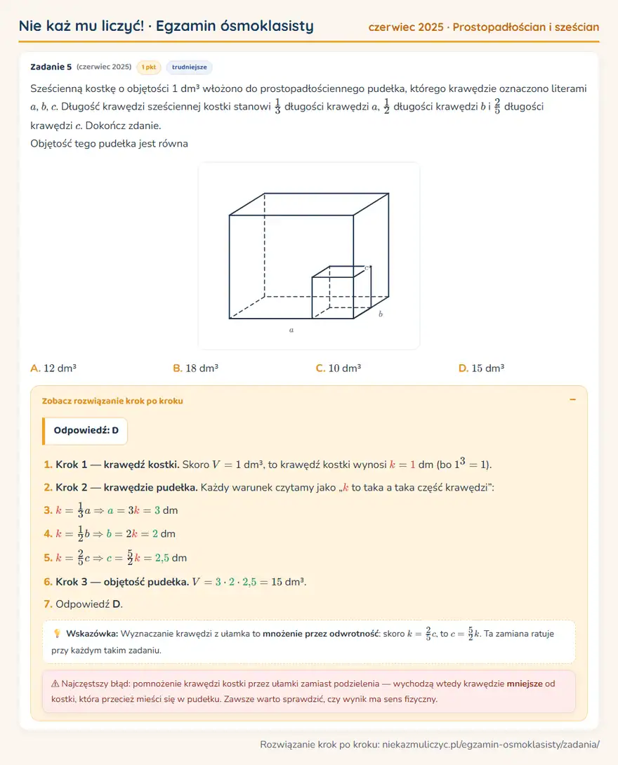 Rozwiązanie zadania z matematyki – E8 (czerwiec 2025), prostopadłościan i sześcian: Sześcienną kostkę o objętości 1 dm³ włożono do prostopadłościennego pudełka, którego krawędzie… Odpowiedź: D
