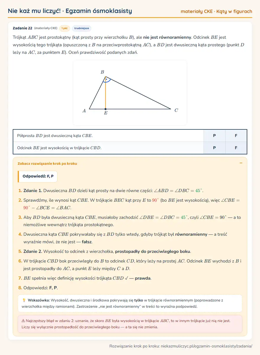 Rozwiązanie zadania – E8 (materiały CKE) — kąty w figurach: Trójkąt ABC jest prostokątny (kąt prosty przy wierzchołku B ), ale nie jest równoramienny. Odcinek…
