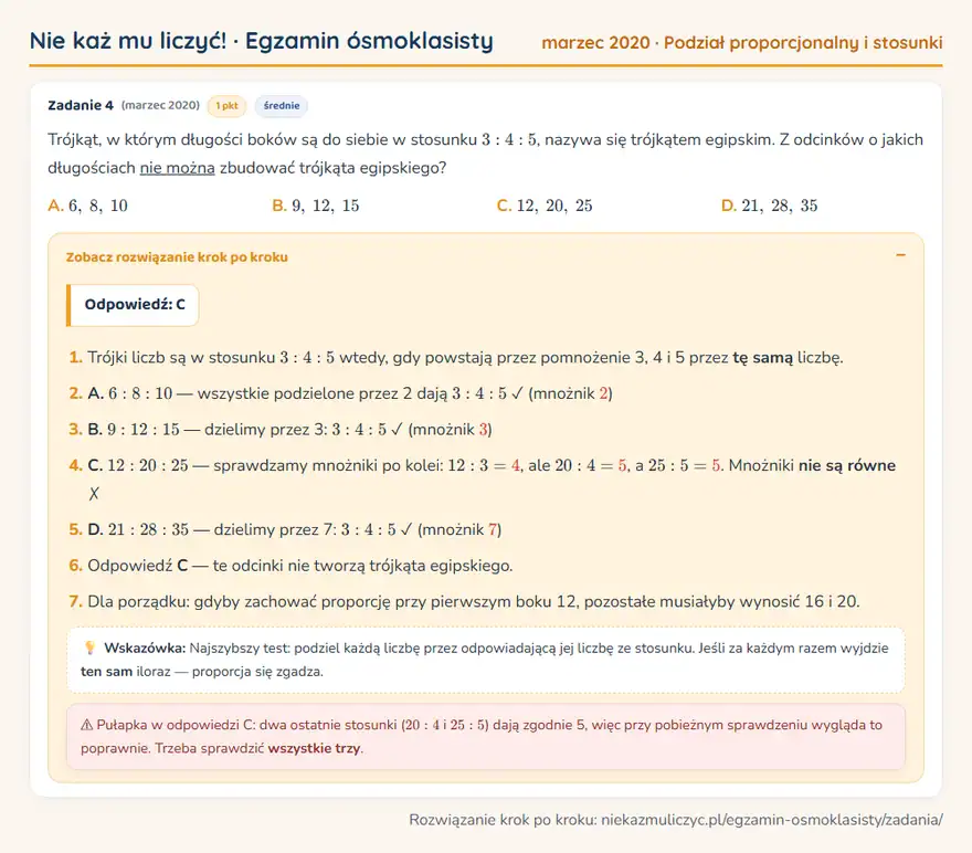 Rozwiązanie zadania – E8 (marzec 2020) — podział proporcjonalny i stosunki: Trójkąt, w którym długości boków są do siebie w stosunku 3: 4: 5, nazywa się trójkątem egipskim. Z…