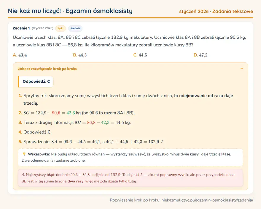 Rozwiązanie zadania – E8 (styczeń 2026) — zadania tekstowe: Uczniowie trzech klas: 8A, 8B i 8C zebrali łącznie 132,9 kg makulatury. Uczniowie klas 8A i 8B…