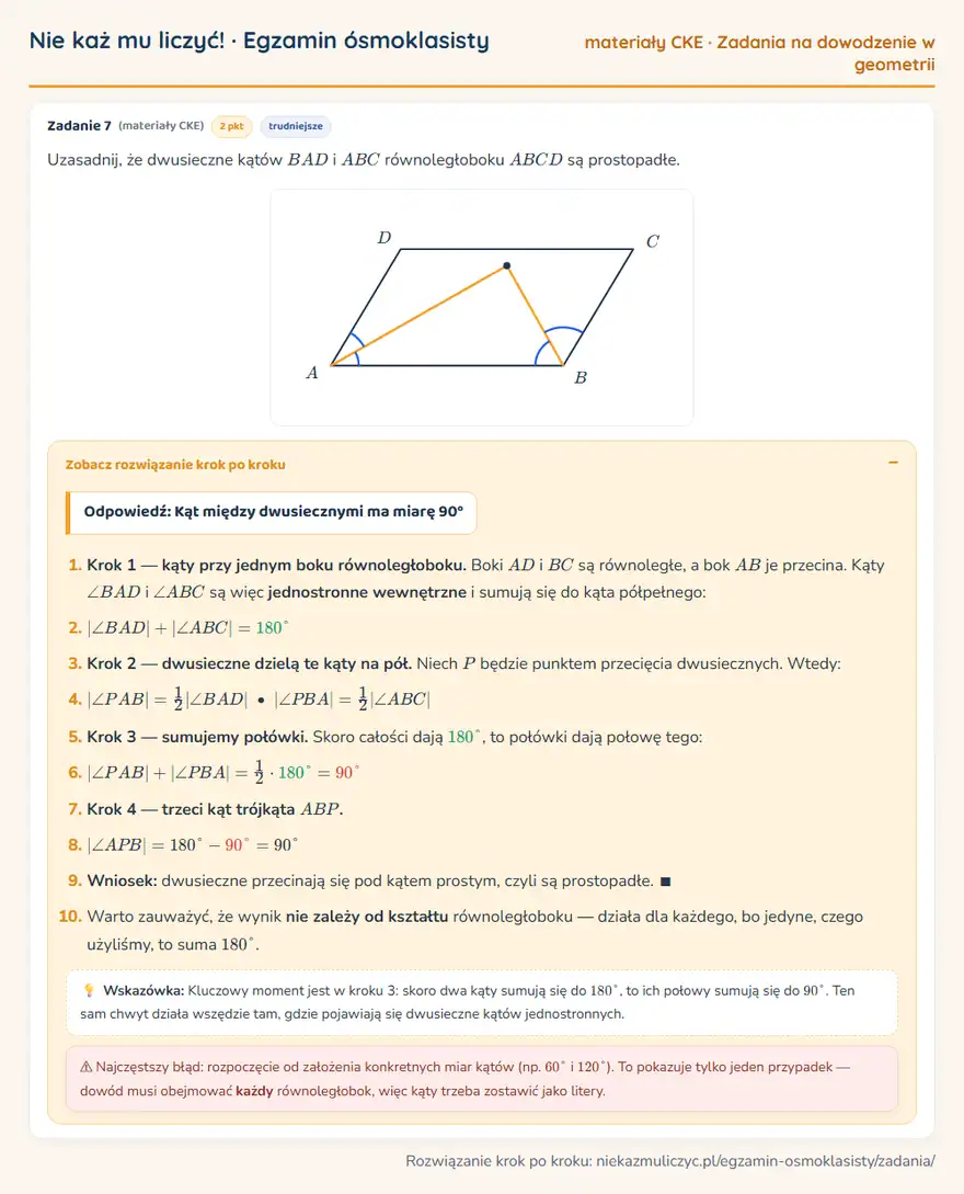 Rozwiązanie zadania – E8 (materiały CKE) — zadania na dowodzenie w geometrii: Uzasadnij, że dwusieczne kątów BAD i ABC równoległoboku ABCD są prostopadłe.