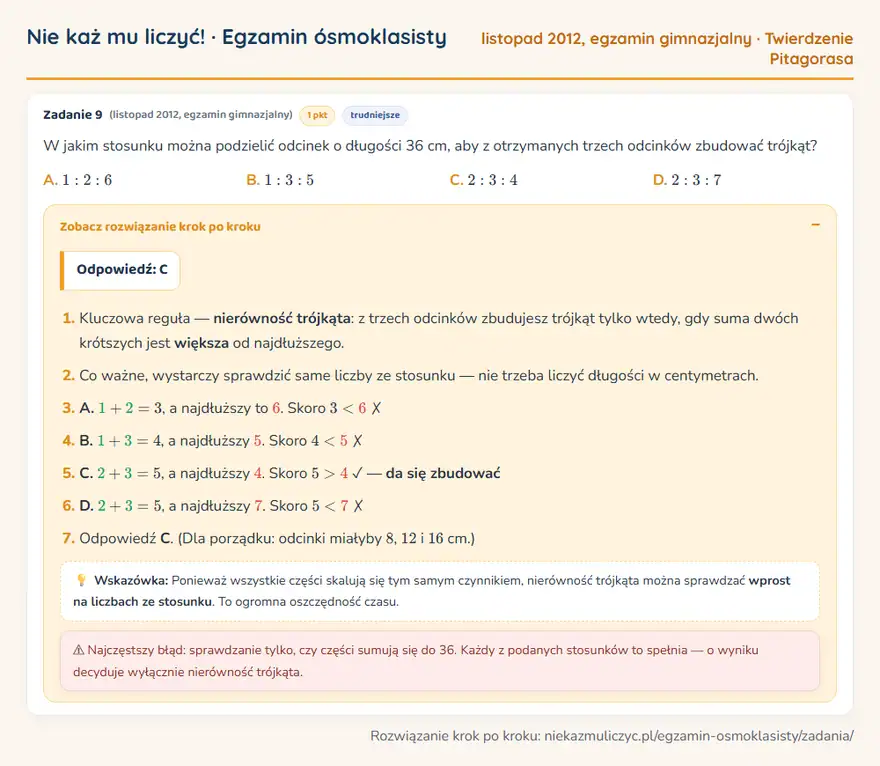 Rozwiązanie zadania – egzamin gimnazjalny (listopad 2012) — twierdzenie pitagorasa: W jakim stosunku można podzielić odcinek o długości 36 cm, aby z otrzymanych trzech odcinków…