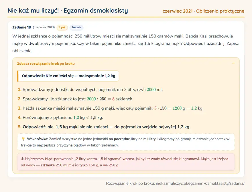 Rozwiązanie zadania – E8 (czerwiec 2021) — obliczenia praktyczne: W jednej szklance o pojemności 250 mililitrów mieści się maksymalnie 150 gramów mąki. Babcia Kasi…