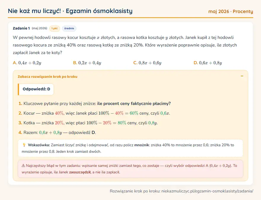 Rozwiązanie zadania – E8 (maj 2026) — procenty: W pewnej hodowli rasowy kocur kosztuje x złotych, a rasowa kotka kosztuje y złotych. Janek kupił z…