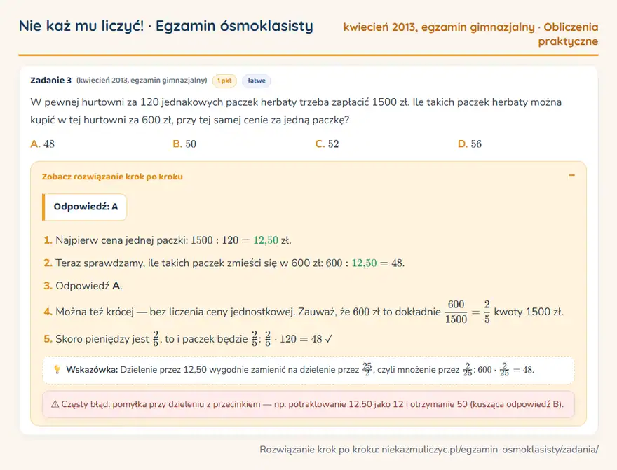 Rozwiązanie zadania – egzamin gimnazjalny (kwiecień 2013) — obliczenia praktyczne: W pewnej hurtowni za 120 jednakowych paczek herbaty trzeba zapłacić 1500 zł. Ile takich paczek…