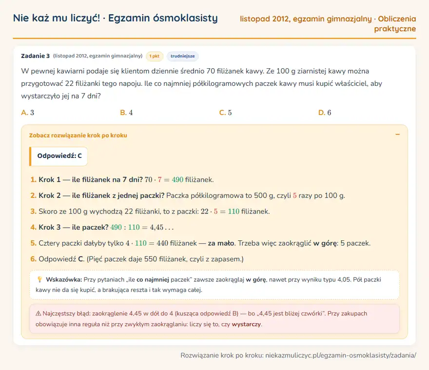 Rozwiązanie zadania – egzamin gimnazjalny (listopad 2012) — obliczenia praktyczne: W pewnej kawiarni podaje się klientom dziennie średnio 70 filiżanek kawy. Ze 100 g ziarnistej kawy…