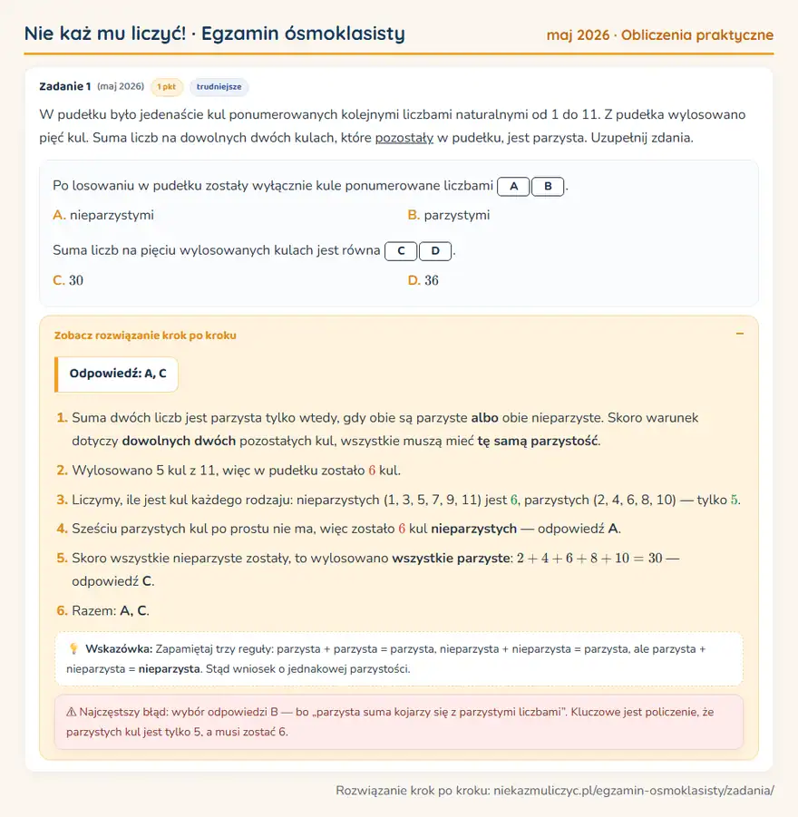 Rozwiązanie zadania z matematyki – E8 (maj 2026), obliczenia praktyczne: W pudełku było jedenaście kul ponumerowanych kolejnymi liczbami naturalnymi od 1 do 11. Z pudełka… Odpowiedź: A, C
