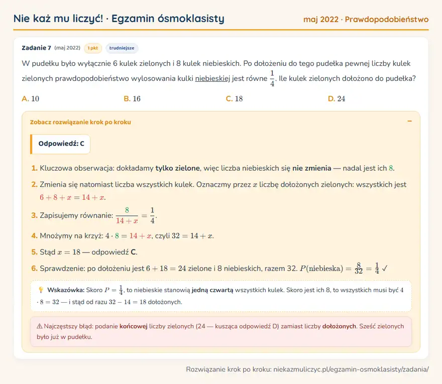 Rozwiązanie zadania – E8 (maj 2022) — prawdopodobieństwo: W pudełku było wyłącznie 6 kulek zielonych i 8 kulek niebieskich. Po dołożeniu do tego pudełka…