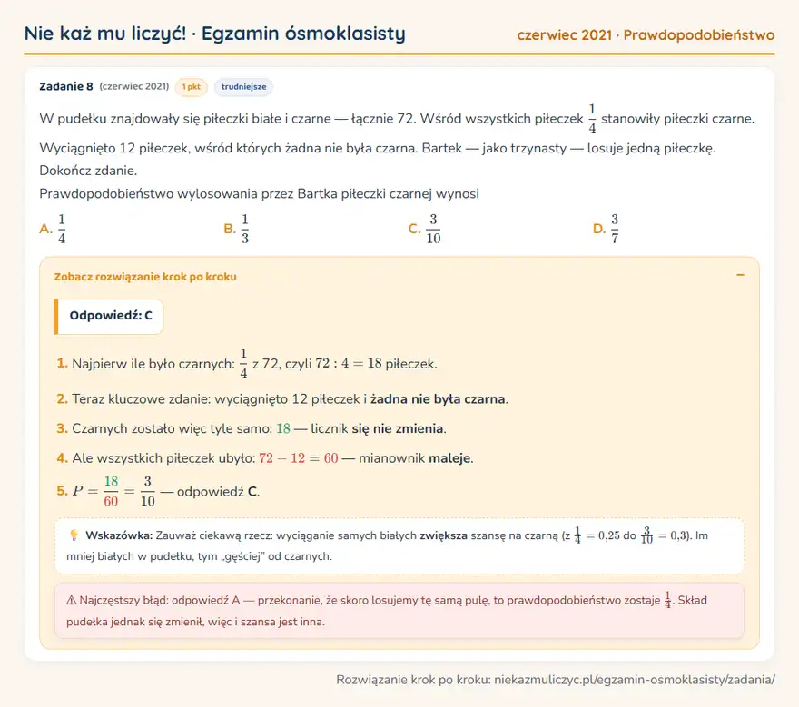 Rozwiązanie zadania – E8 (czerwiec 2021) — prawdopodobieństwo: W pudełku znajdowały się piłeczki białe i czarne — łącznie 72. Wśród wszystkich piłeczek 1/4…