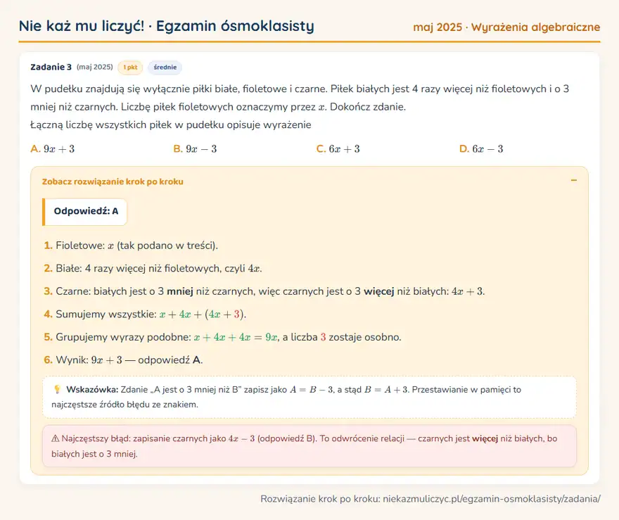 Rozwiązanie zadania – E8 (maj 2025) — wyrażenia algebraiczne: W pudełku znajdują się wyłącznie piłki białe, fioletowe i czarne. Piłek białych jest 4 razy więcej…