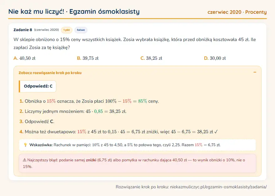Rozwiązanie zadania – E8 (czerwiec 2020) — procenty: W sklepie obniżono o 15% ceny wszystkich książek. Zosia wybrała książkę, która przed obniżką…