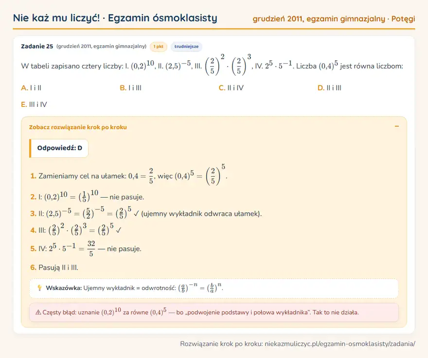 Rozwiązanie zadania – egzamin gimnazjalny (grudzień 2011) — potęgi: W tabeli zapisano cztery liczby: I. (0,2)¹⁰, II. (2,5)⁻⁵, III. (2/5 )² · (2/5 )³, IV. 2⁵ · 5⁻¹…