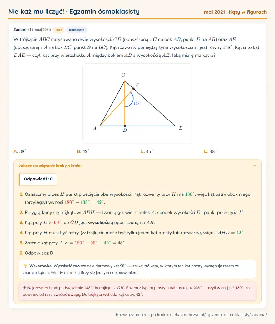 Rozwiązanie zadania z matematyki – E8 (maj 2021), kąty w figurach: W trójkącie ABC narysowano dwie wysokości: CD (opuszczoną z C na bok AB, punkt D na AB ) oraz AE… Odpowiedź: D