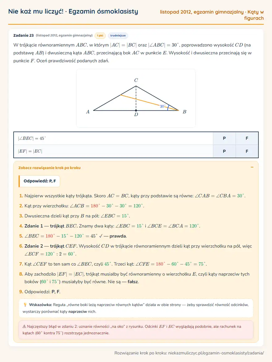 Rozwiązanie zadania – egzamin gimnazjalny (listopad 2012) — kąty w figurach: W trójkącie równoramiennym ABC, w którym |AC| = |BC| oraz |∠ ABC| = 30°, poprowadzono wysokość CD…
