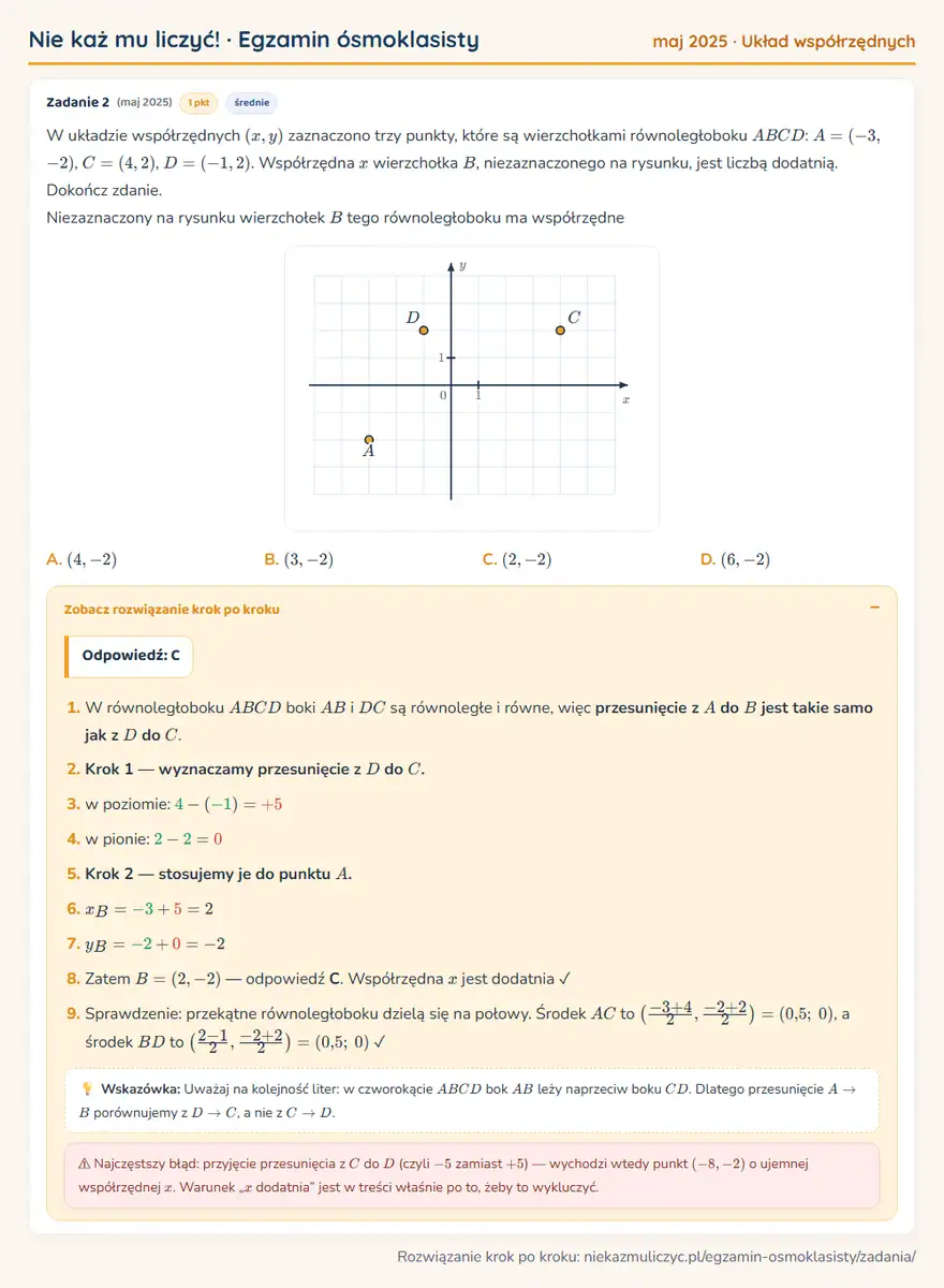 Rozwiązanie zadania z matematyki – E8 (maj 2025), układ współrzędnych: W układzie współrzędnych (x,y) zaznaczono trzy punkty, które są wierzchołkami równoległoboku ABCD… Odpowiedź: C