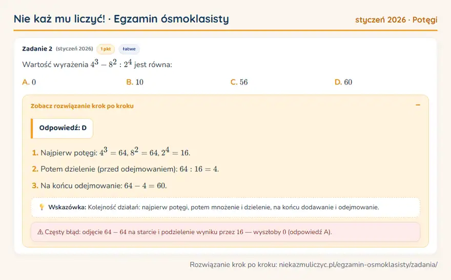 Rozwiązanie zadania – E8 (styczeń 2026) — potęgi: Wartość wyrażenia 4³ - 8²: 2⁴ jest równa: