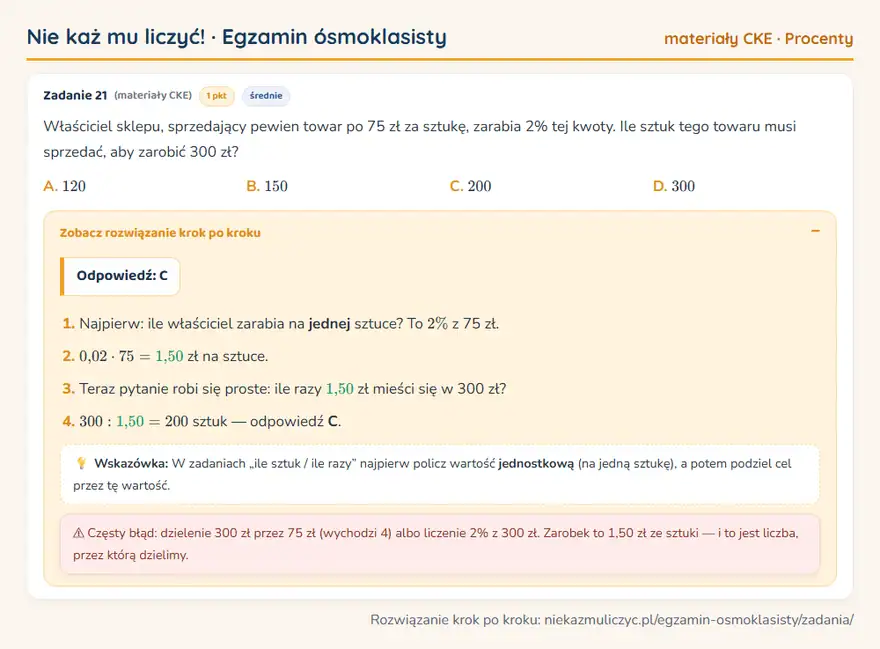 Rozwiązanie zadania – E8 (materiały CKE) — procenty: Właściciel sklepu, sprzedający pewien towar po 75 zł za sztukę, zarabia 2% tej kwoty. Ile sztuk…