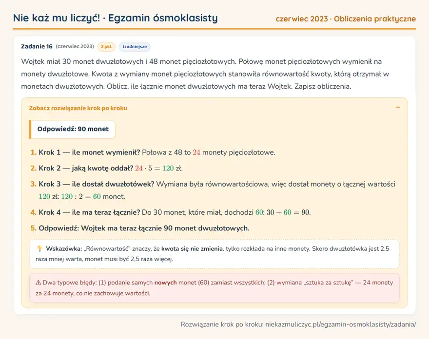 Rozwiązanie zadania – E8 (czerwiec 2023) — obliczenia praktyczne: Wojtek miał 30 monet dwuzłotowych i 48 monet pięciozłotowych. Połowę monet pięciozłotowych wymienił…