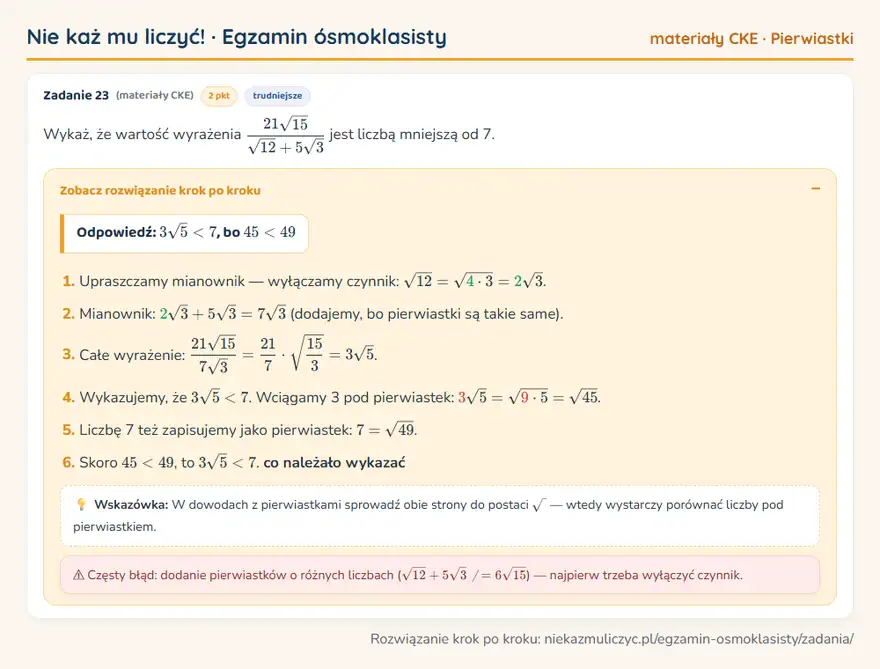 Rozwiązanie zadania – E8 (materiały CKE) — pierwiastki: Wykaż, że wartość wyrażenia 21√15/√12 + 5√3 jest liczbą mniejszą od 7.