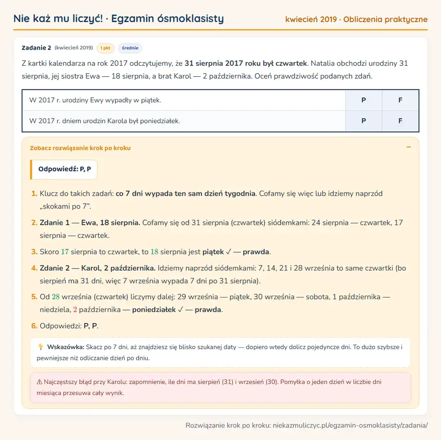 Rozwiązanie zadania – E8 (kwiecień 2019) — obliczenia praktyczne: Z kartki kalendarza na rok 2017 odczytujemy, że 31 sierpnia 2017 roku był czwartek. Natalia…