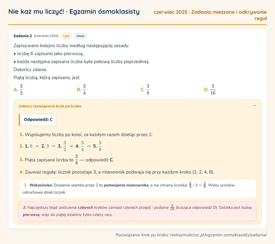 Rozwiązanie zadania – E8 (czerwiec 2025) — zadania mieszane i odkrywanie reguł: Zapisywano kolejno liczby według następującej zasady: • liczbę 6 zapisano jako pierwszą, • każda…