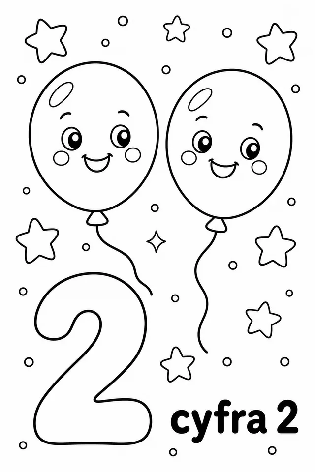 Kolorowanka: Cyfra 2 — dwa balony