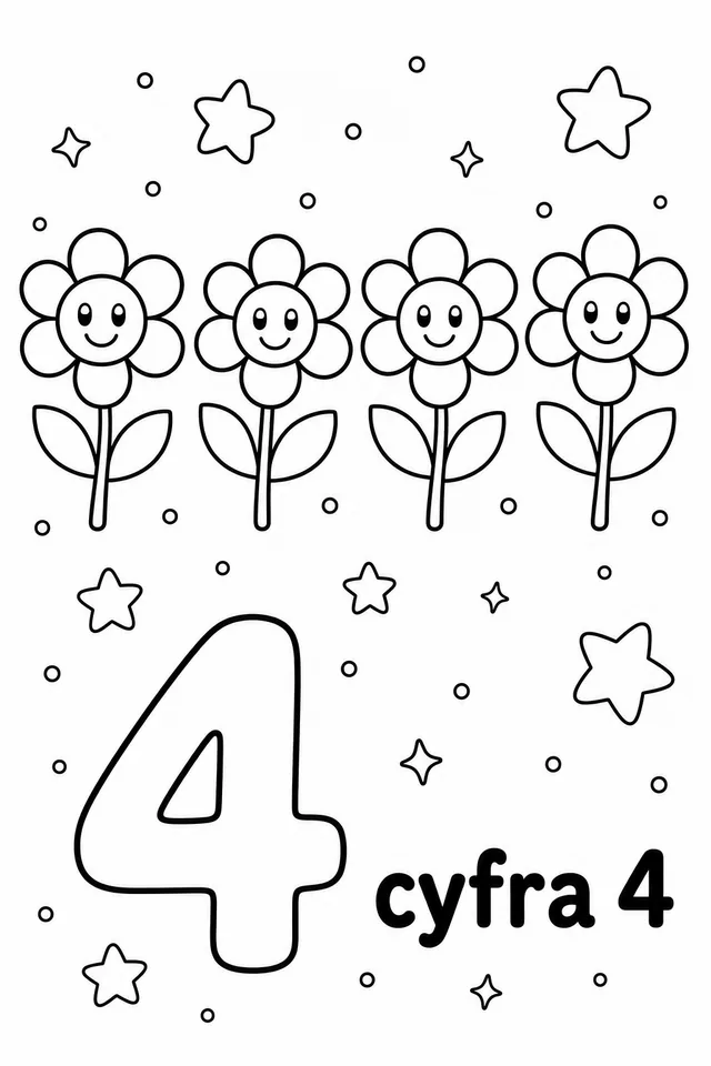 Kolorowanka: Cyfra 4 — cztery kwiatki