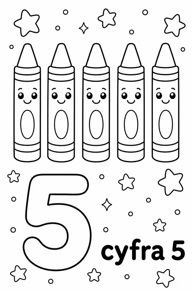 Kolorowanka: Cyfra 5 — pięć kredek