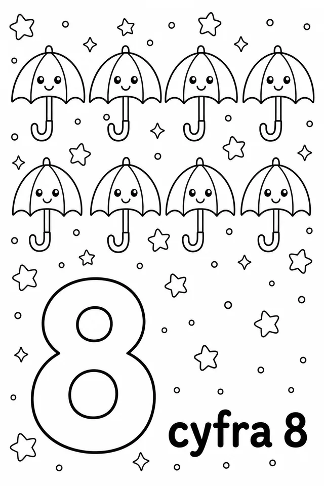 Kolorowanka: Cyfra 8 — osiem parasolek