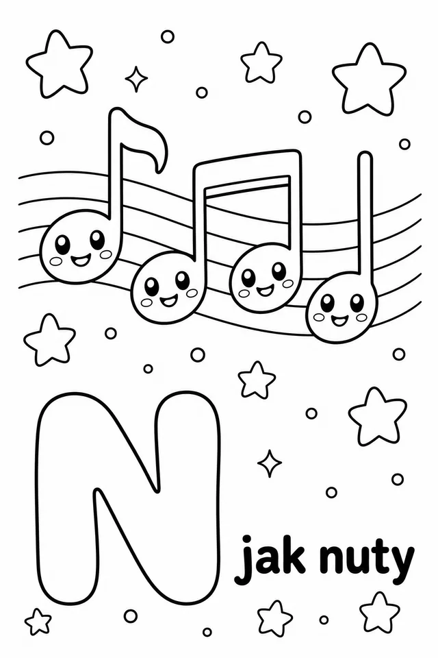 Kolorowanka: Literka N — nuty