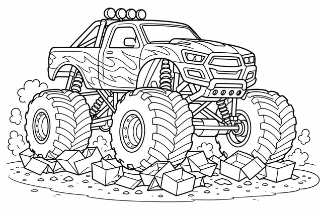 Kolorowanka: Monster truck miażdżący pudełka