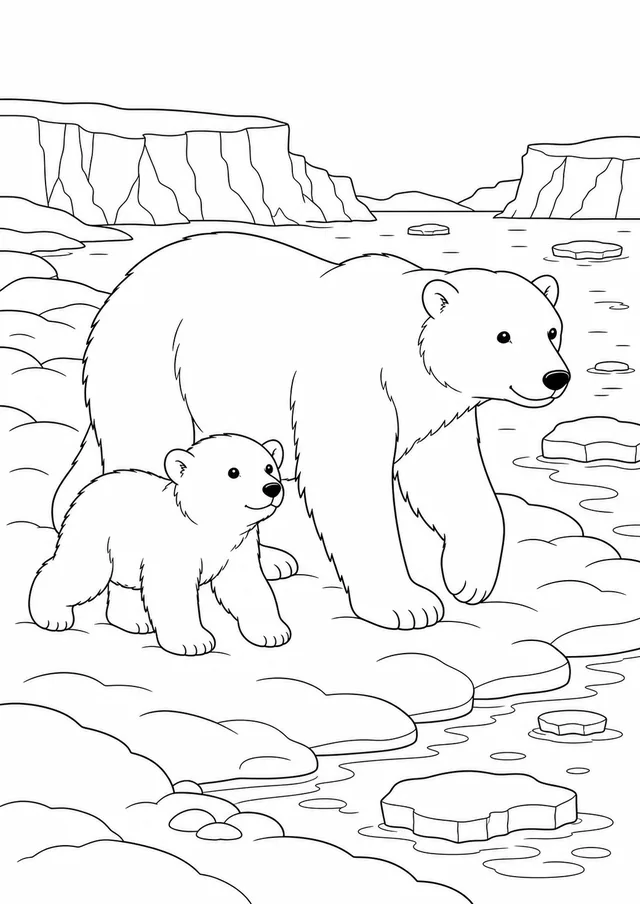 Kolorowanka: Niedźwiedź polarny — z mlodym
