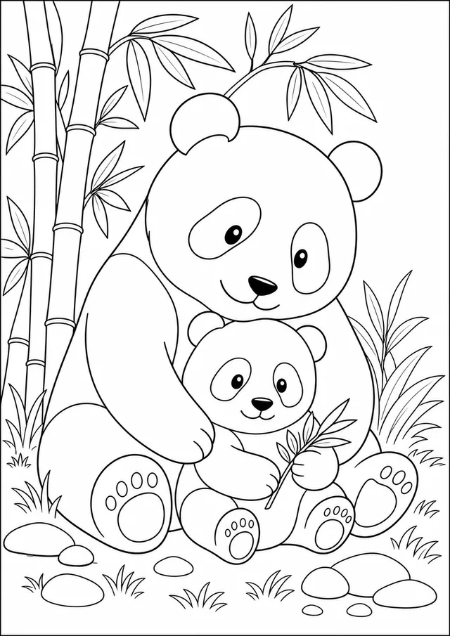 Kolorowanka: Panda wielka — matka z mlodym
