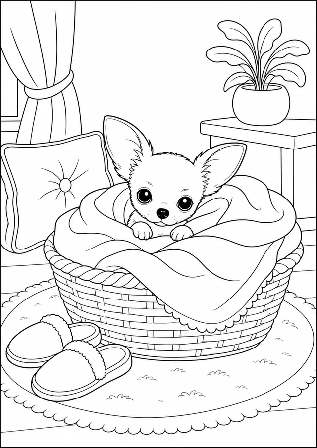 Kolorowanka: Pies — chihuahua koszyk