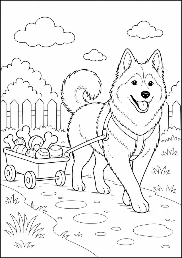 Kolorowanka: Pies — husky wozek zabawki