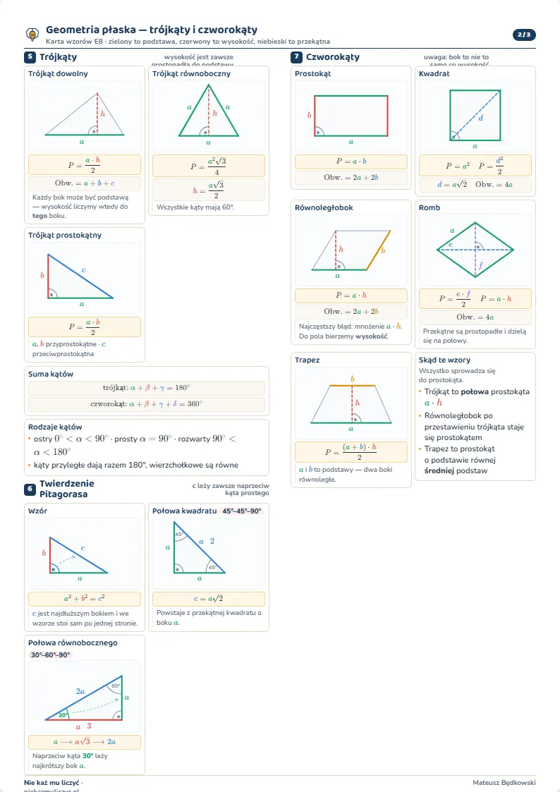 Karta pracy z geometrii z miejscem na obliczenia przy każdym zadaniu