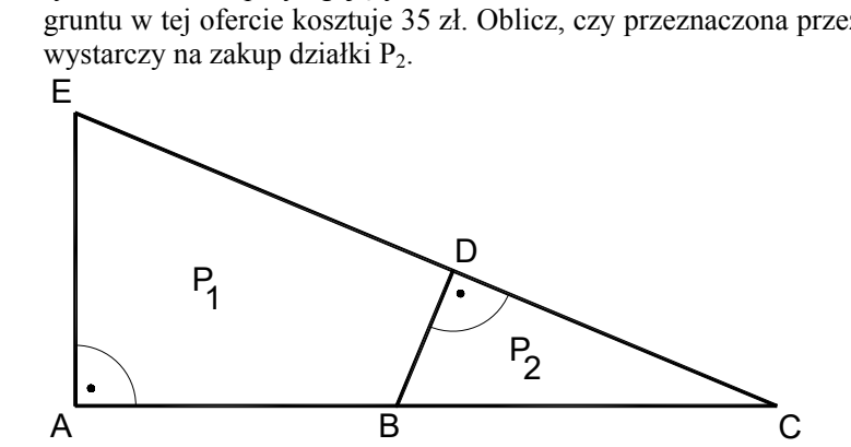Plan dwóch przylegających działek: trójkąt prostokątny AEC o kącie prostym przy wierzchołku A — E u góry po lewej, A u dołu po lewej, C u dołu po prawej. Na boku AC zaznaczono punkt B, a na boku EC punkt D; odcinek BD jest prostopadły do EC, co zaznaczono kątem prostym przy D. Działka P1 to czworokąt AEDB, a działka P2 to trójkąt BDC. Podano: AE równe 5 cm, EC równe 13 cm, BC równe 6,5 cm.