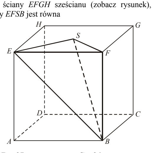 Sześcian ABCDEFGH o krawędzi 6. Punkt S jest środkiem górnej ściany EFGH. Pogrubionymi odcinkami zaznaczono bryłę EFSB: trójkąt EFS w górnej ścianie oraz odcinki EB i FB do wierzchołka B podstawy.