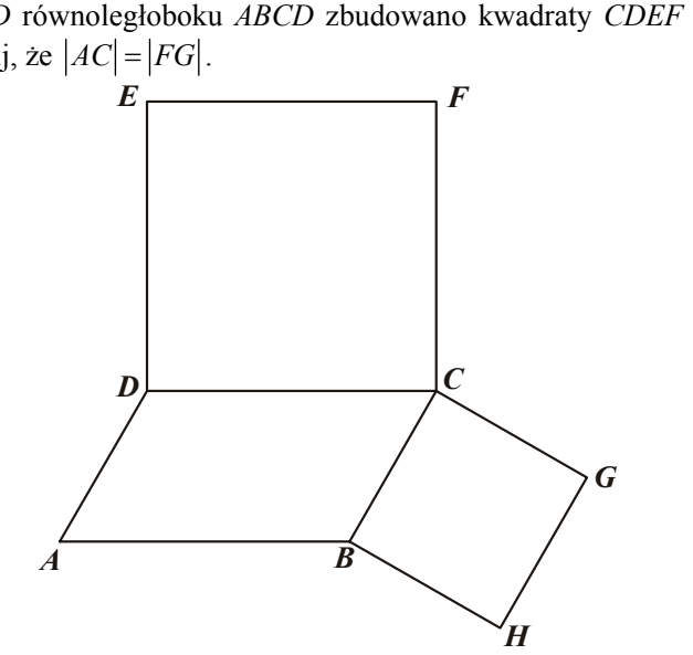 Czworokąt ABCD z wierzchołkami A i B u dołu; na boku DC zbudowano kwadrat DEFC, a na boku BC kwadrat CGHB, wszystkie wierzchołki oznaczono literami od A do H.