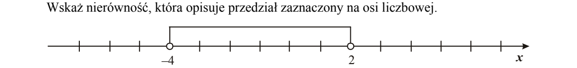 Oś liczbowa z podziałką jednostkową i zaznaczonym odcinkiem od −4 do 2; oba końce zaznaczono kółkami pustymi, więc nie należą do zbioru. Pod osią cztery nierówności z wartością bezwzględną do wyboru.
