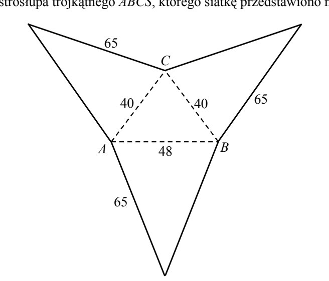 Siatka ostrosłupa: trójkąt ABC narysowany linią przerywaną, w którym boki AC i BC mają długość 40, a bok AB długość 48; przy każdym jego boku dorysowano trójkąt równoramienny o ramionach długości 65.
