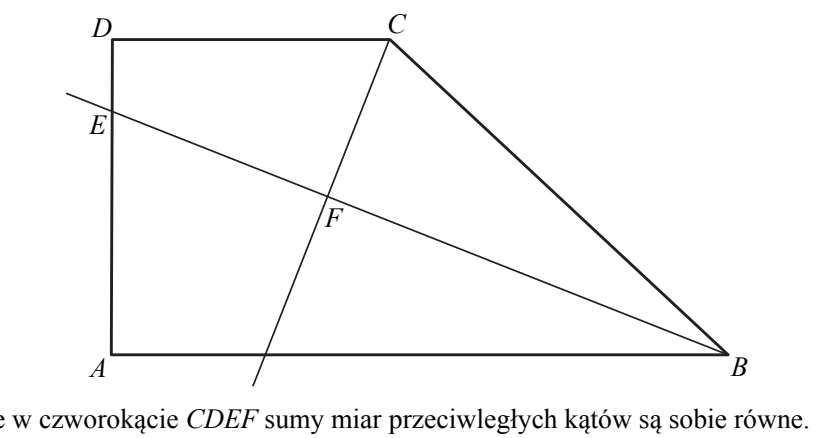 Trapez prostokątny ABCD o podstawach AB i DC oraz ramieniu AD prostopadłym do podstaw; punkt E leży na boku AD, a prosta EB przecina się w punkcie F z prostą poprowadzoną przez wierzchołek C.