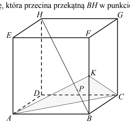 Sześcian ABCDEFGH w rzucie równoległym, krawędzie niewidoczne przerywane; na krawędzi BF zaznaczono punkt K, zacieniowano trójkąt AKC, a przekątna BH przecina ten trójkąt w punkcie P.